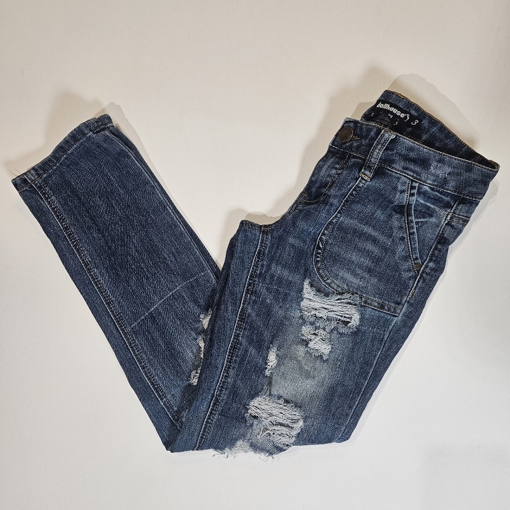 Dollhouse Jeans Womens 3 Sienna Straight Leg Dark Wash Distressed‎ Low Rise Y2K